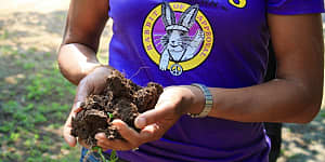 Woman holding soil in her hands and wearing an Annie's shirt